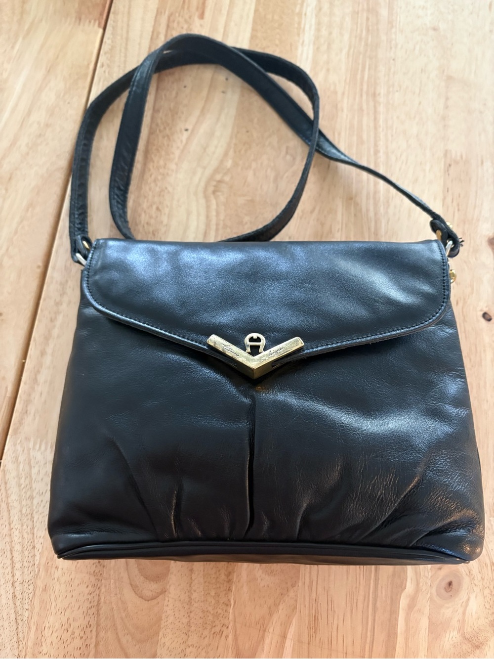 Vintage Etienne Aigner Classic Black Leather Crossbody Bag with Gold Accent